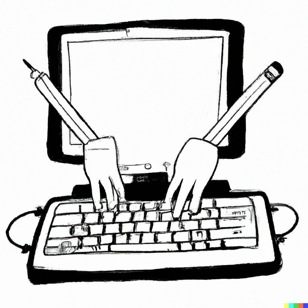 "A black and white pencil drawing of a computer with arms using a fountain pen to write a haiku, simple art style suitable for printing, clip art"