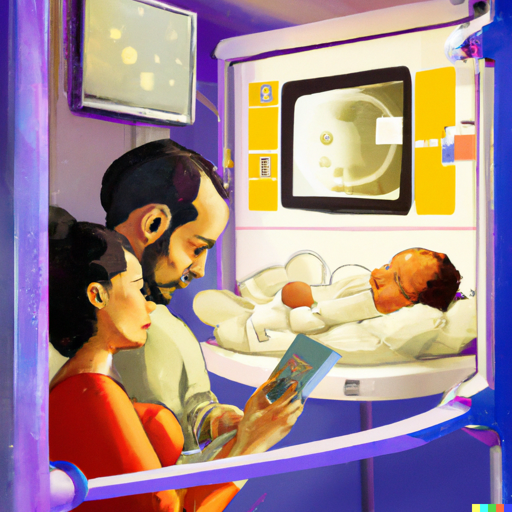 "Two parents on a space station watching their child go to sleep on a baby monitor, digital art, "