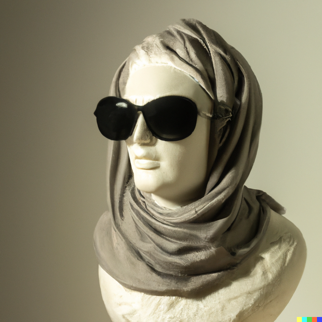 "A marble bust of a woman with a hijab and fashionable sunglasses, studio lit, soft focus"
