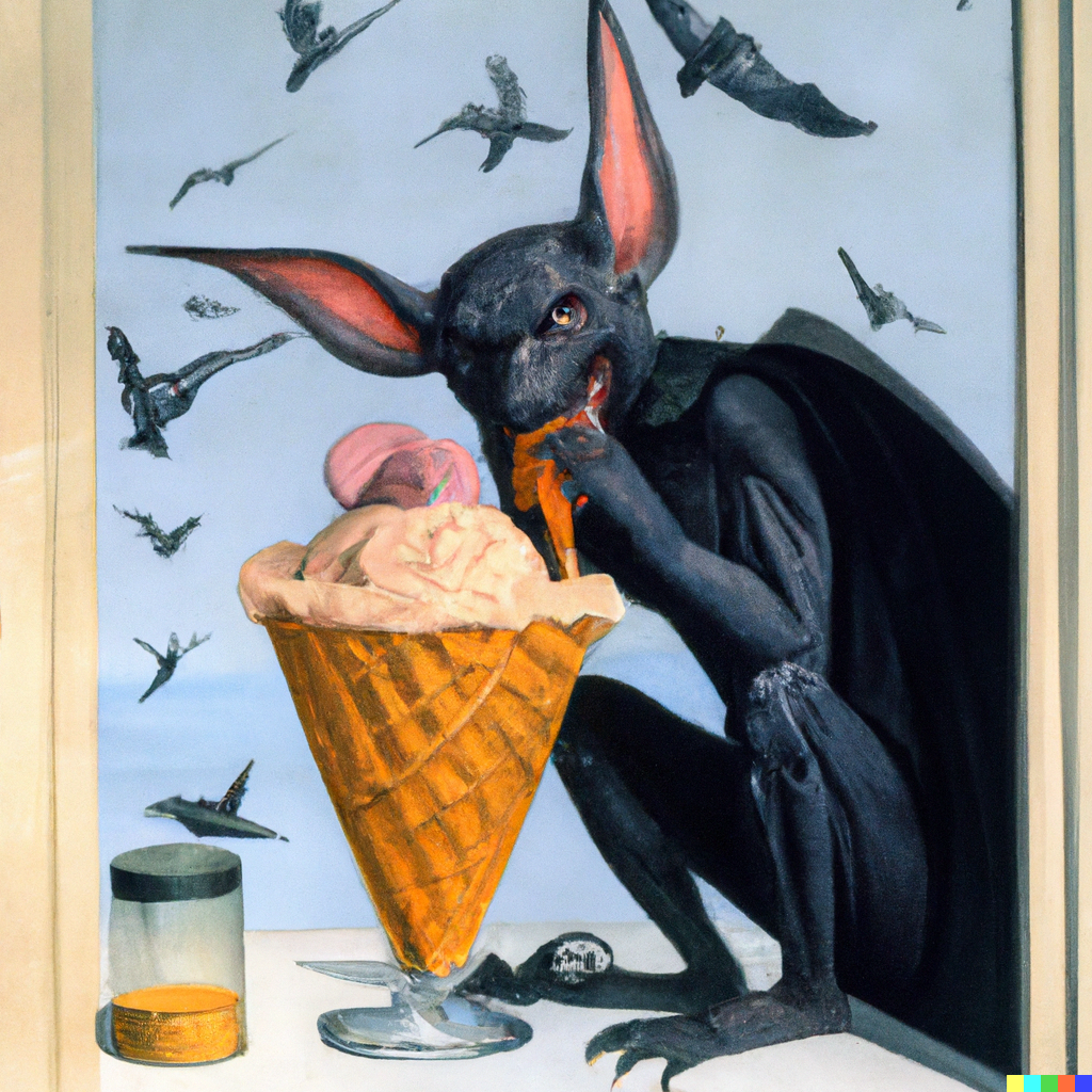 "An annoyed bat eating ice cream by Norman Rockwell"