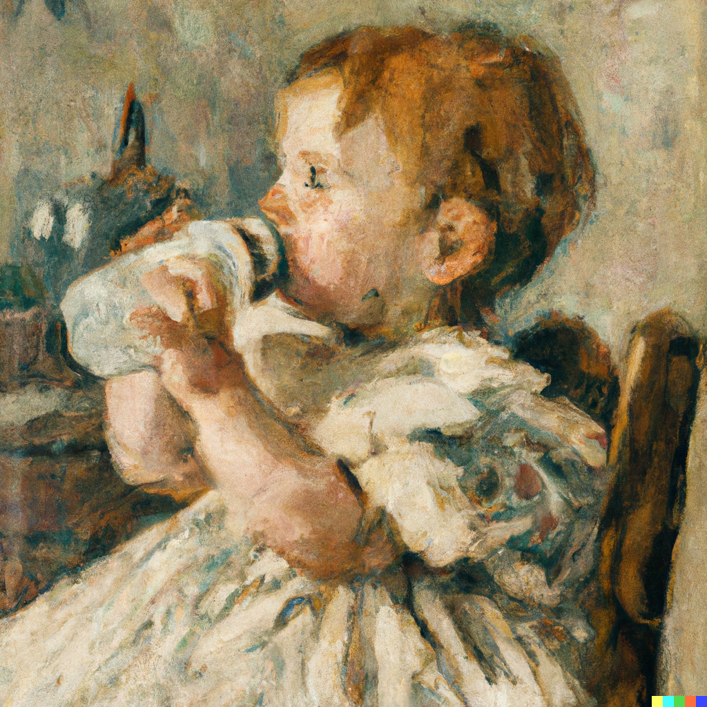 "an impressionist painting of a baby drinking from a bottle 1887"