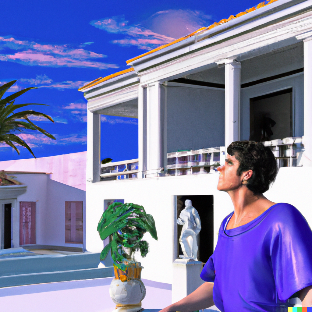 "A man wearing a roman toga wandering around a vaporwave house with blue skies and greco-roman statuary in the house"