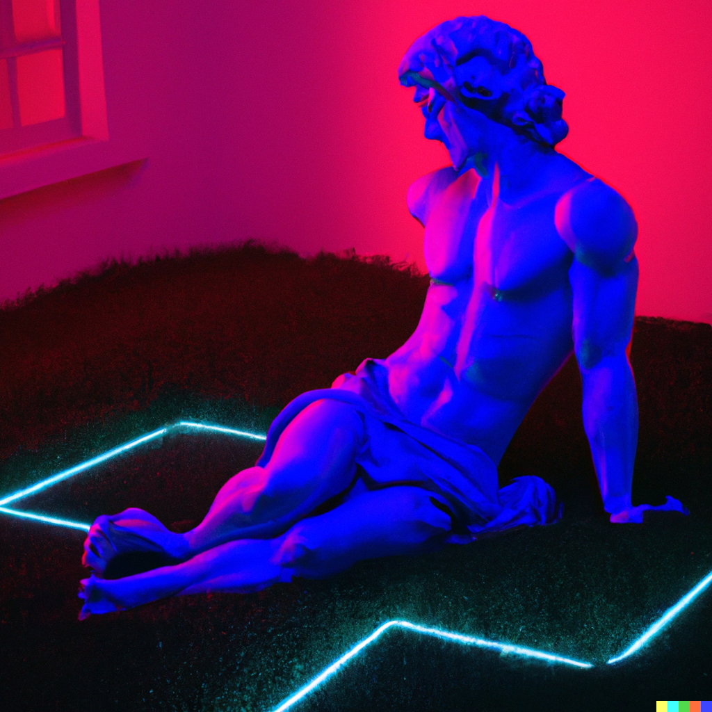 "Michelangelo's David lit by blue and red neon in a room with grass as flooring."