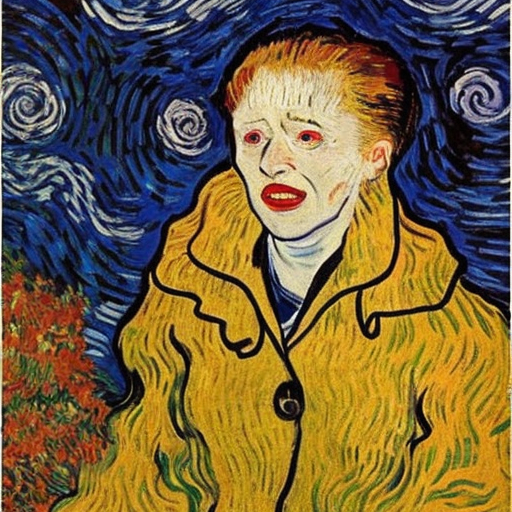 "A woman experiencing happiness surrounded by ghosts by Van Gogh"
