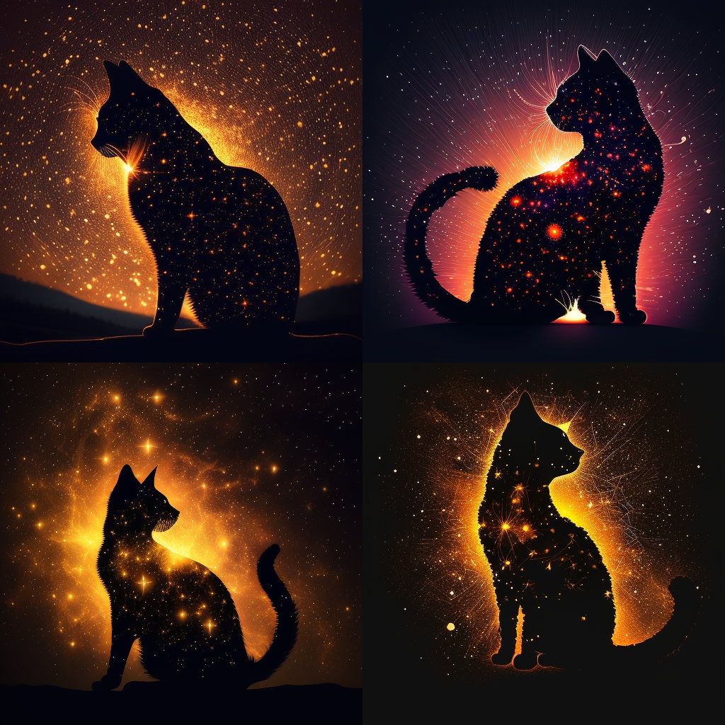 The silhouette of a cat filled with stars in front of the sun