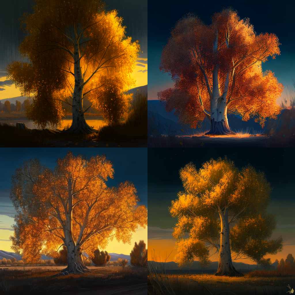 "A painting of single poplar tree in fall with leaves falling, lit just before golden hour, that evokes feelings of nostalgia and warmth."
