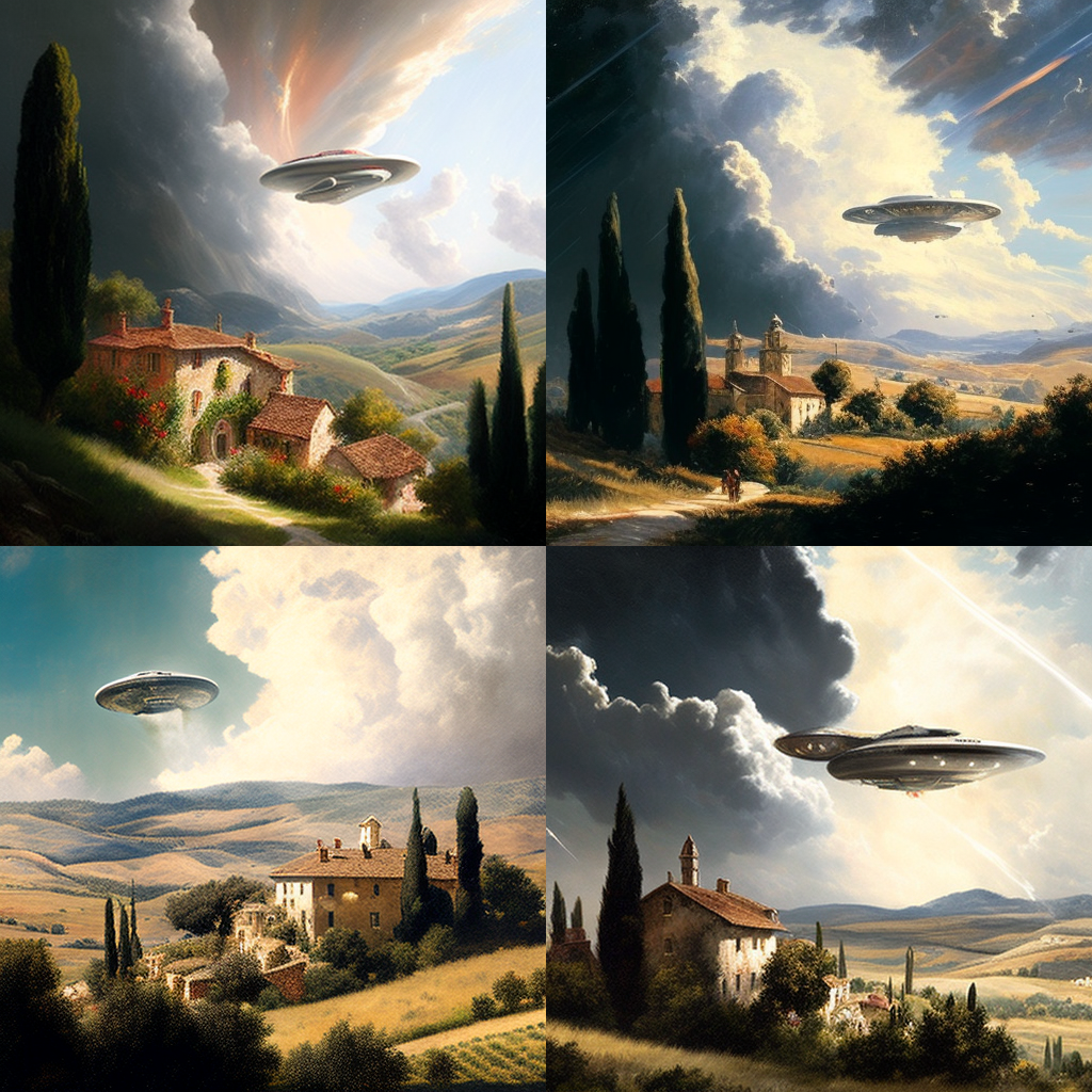 "A John Constable Painting of the Starship Enterprise over the fields of tuscany" 