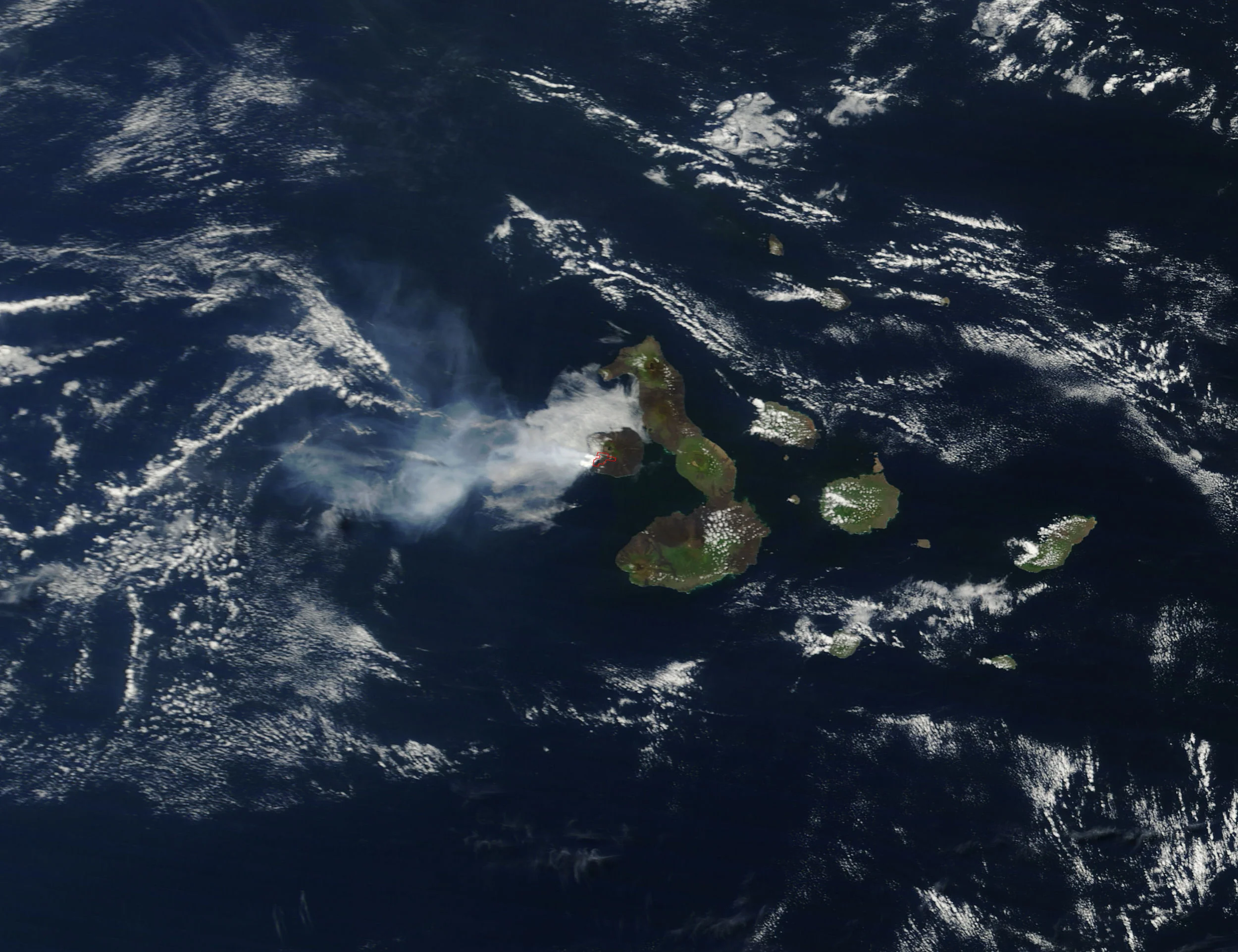 The red circle is the erupting site. The cloud that encircles the area is a volcanic plume.