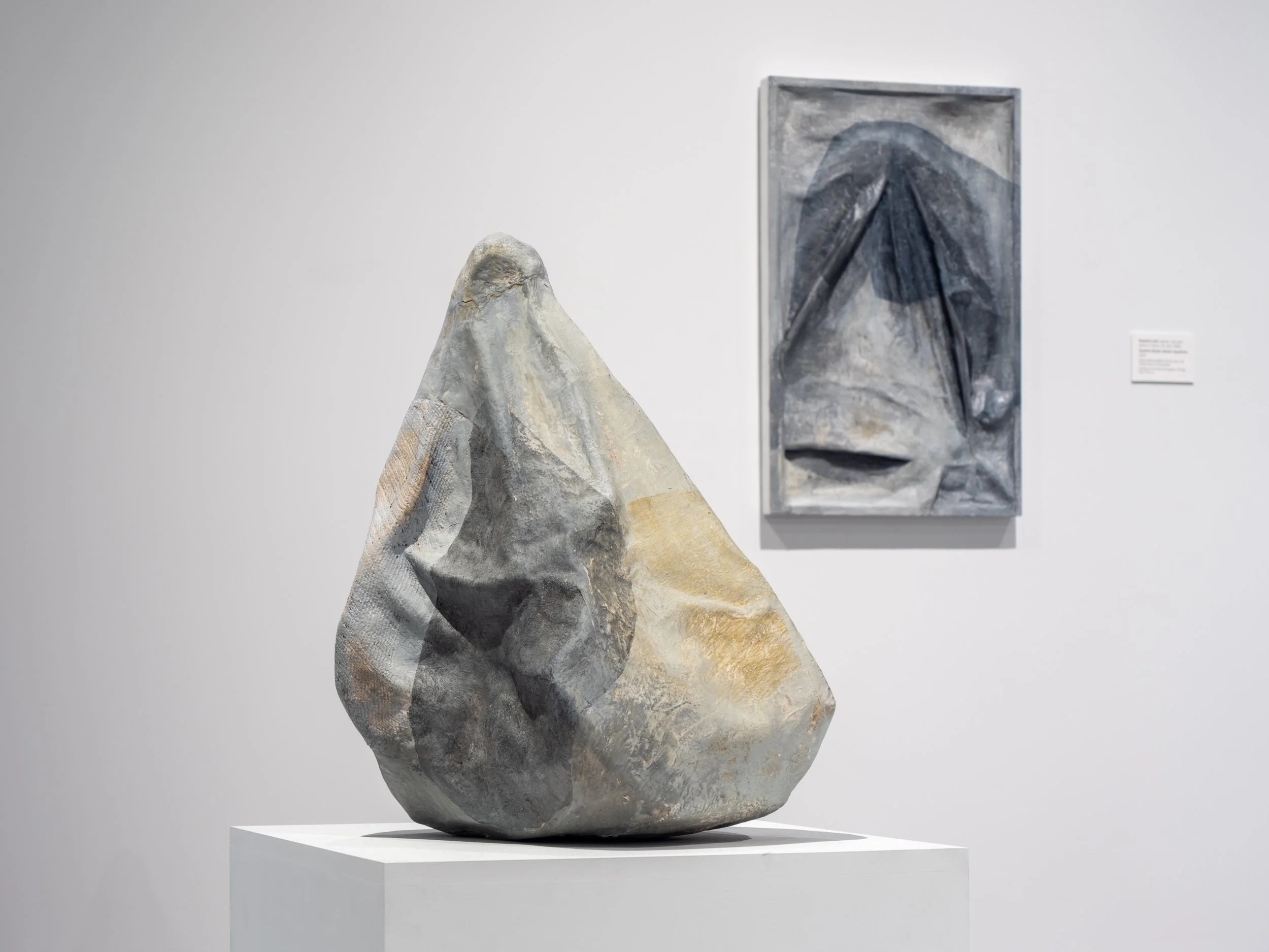 External, 2020, papier-mâché, graphite, aqua resin, collage, acrylic paint, and colored pencil, 23 x 19 x 15 inches
