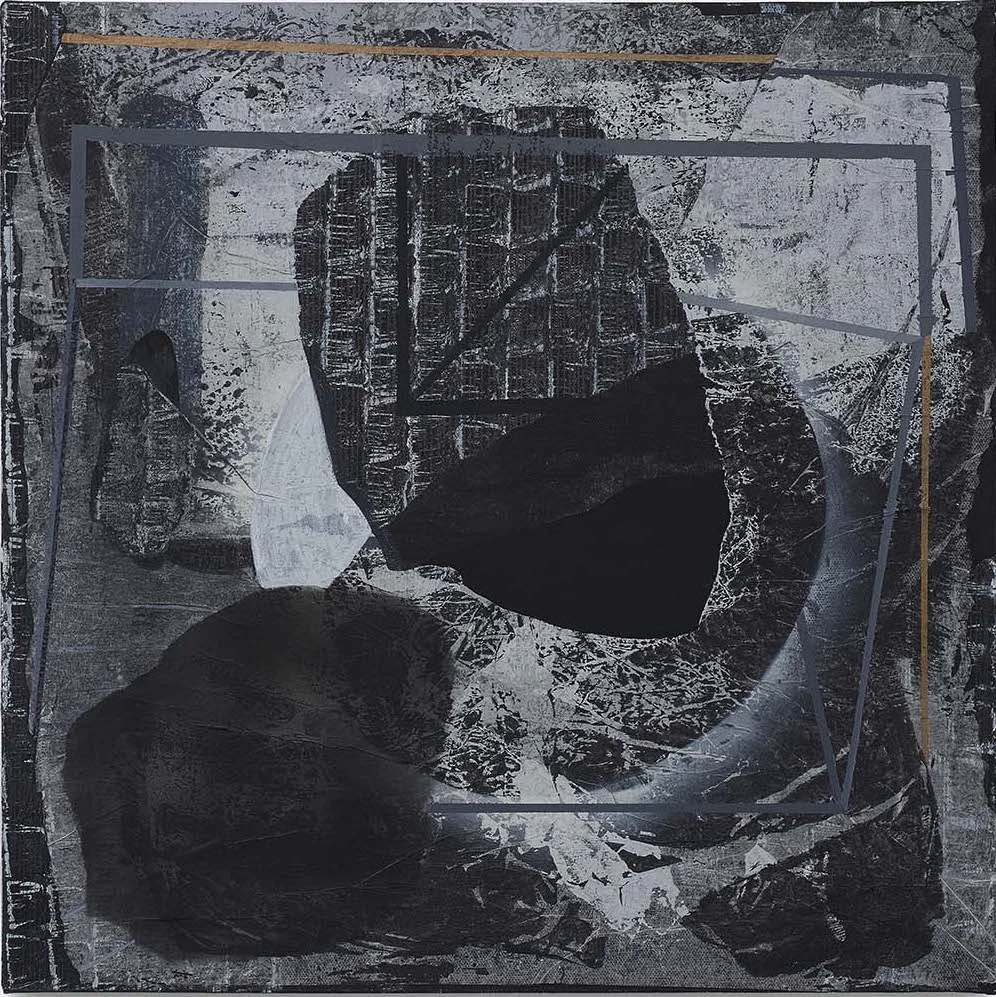 Inverted, 2018 Acrylic, ink, spray paint, flashe paint, and collage on canvas, 18x18 inches