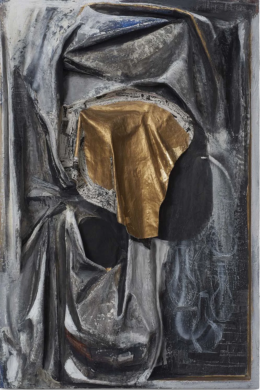 Fallen (painting), 2018 Papier-mâché, ink, acrylic, spray paint, flashe paint on panel, 36x5x24 inches