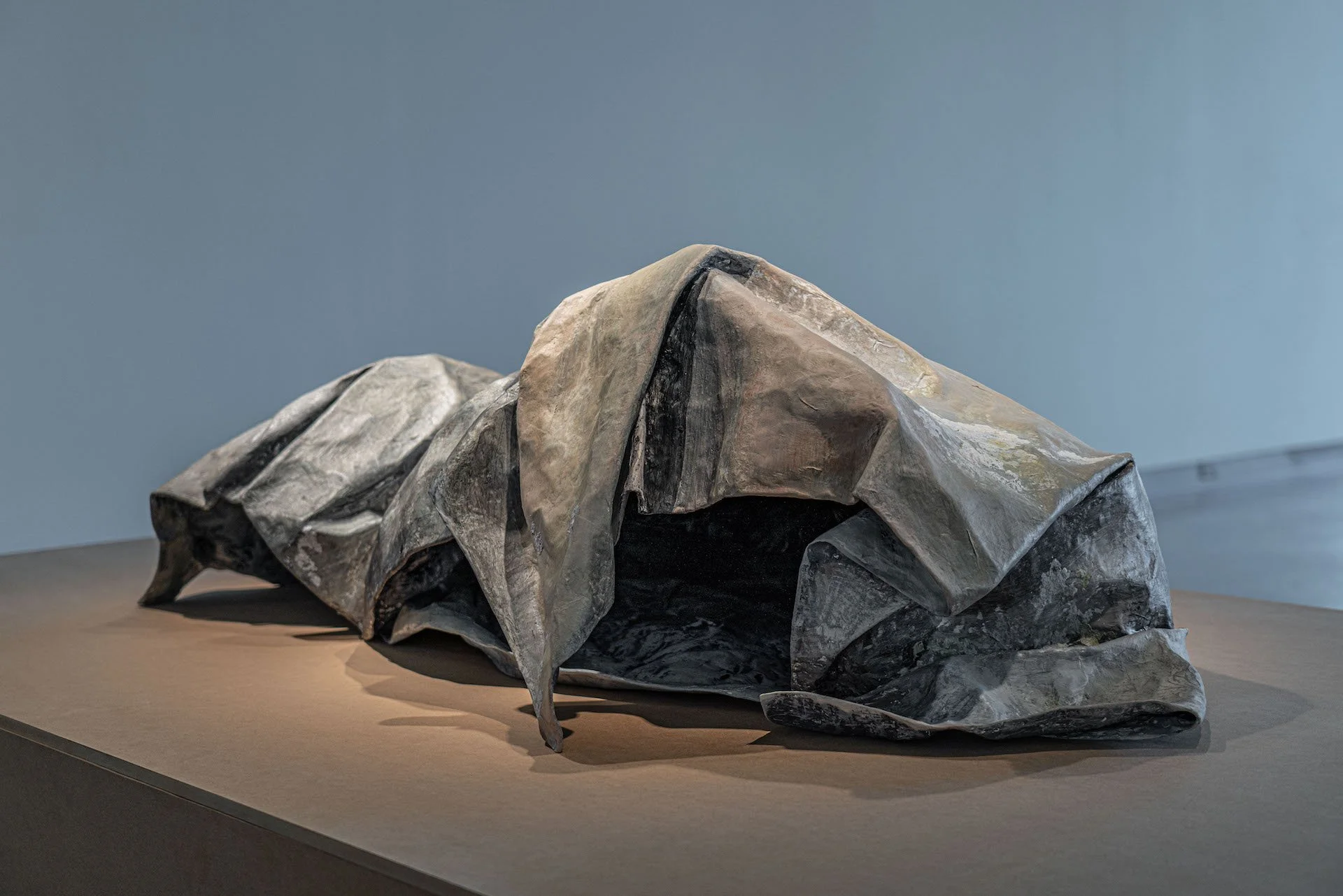 Traces, 2021, papier-mâché, gesso, ink, colored pencil, graphite, and acrylic paint, 18 x 27 x 57 inches