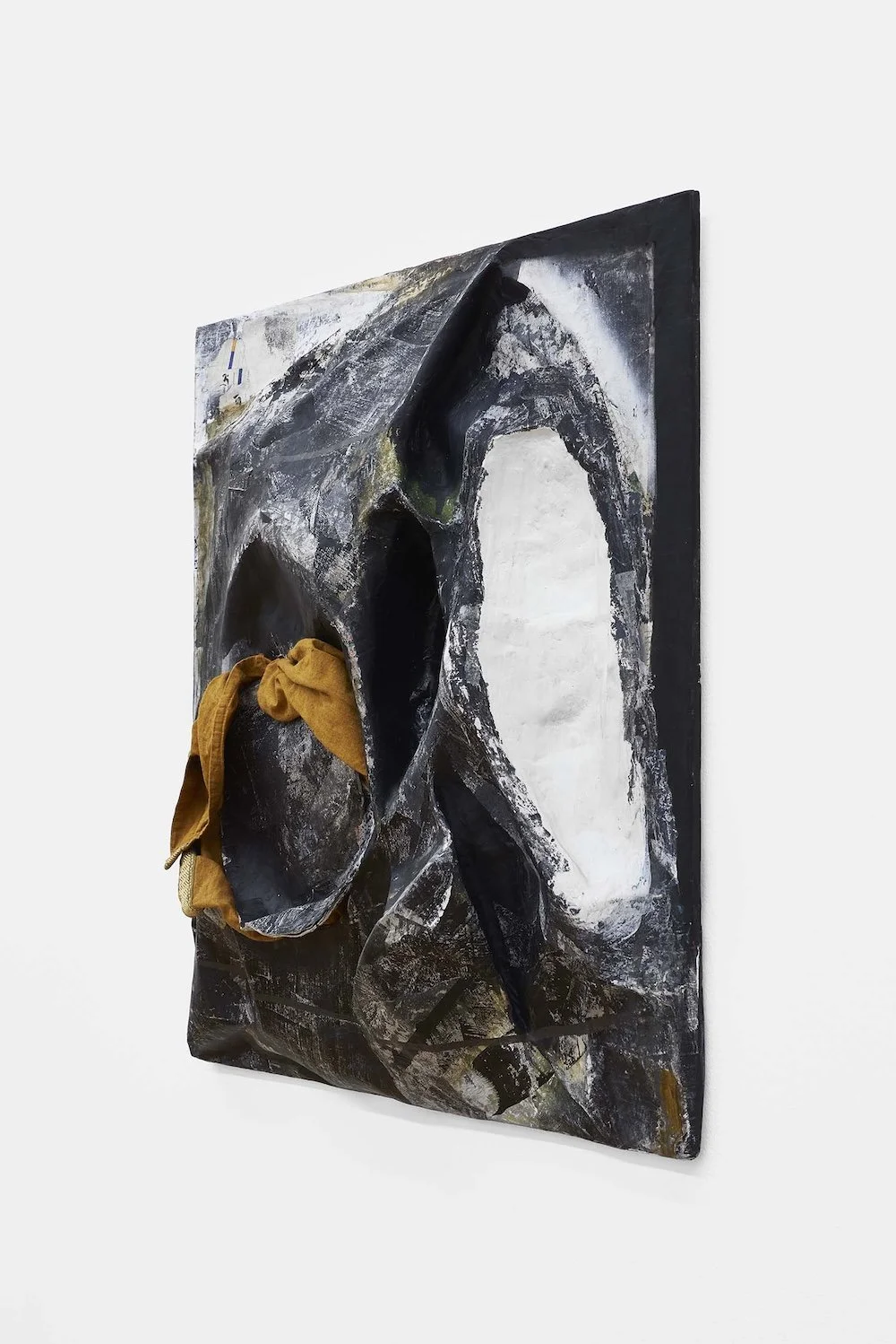 Vanished Like Smoke, 2017, papier-mâché, plaster, fabric, collage and paint, 22 1/2 x 22 1/2 x 4 1/2 inches