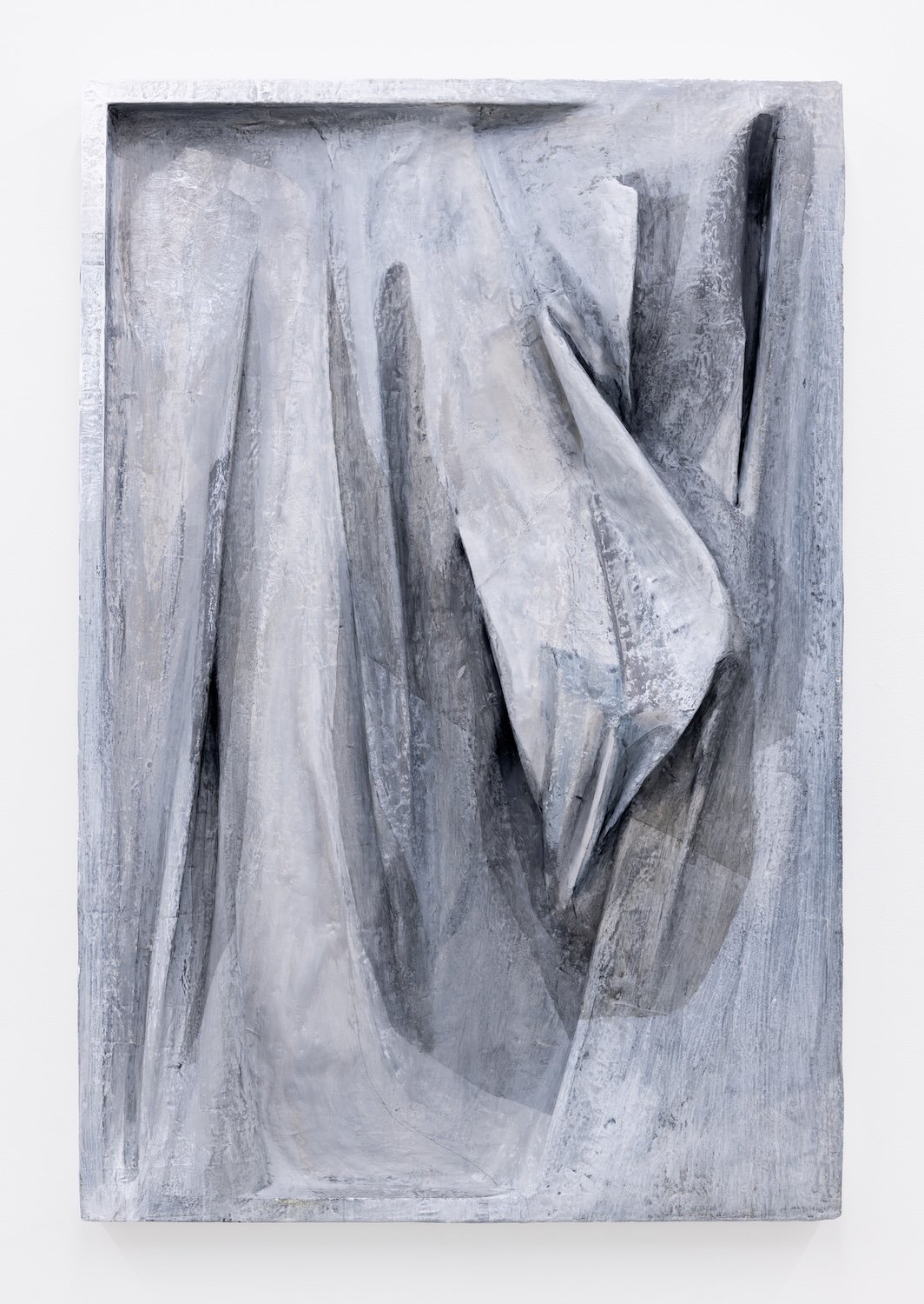 Here & There, 2020, papier-mâché, graphite, acrylic paint, and colored pencil on wood panel, 36 x 2.5 x 24 inches
