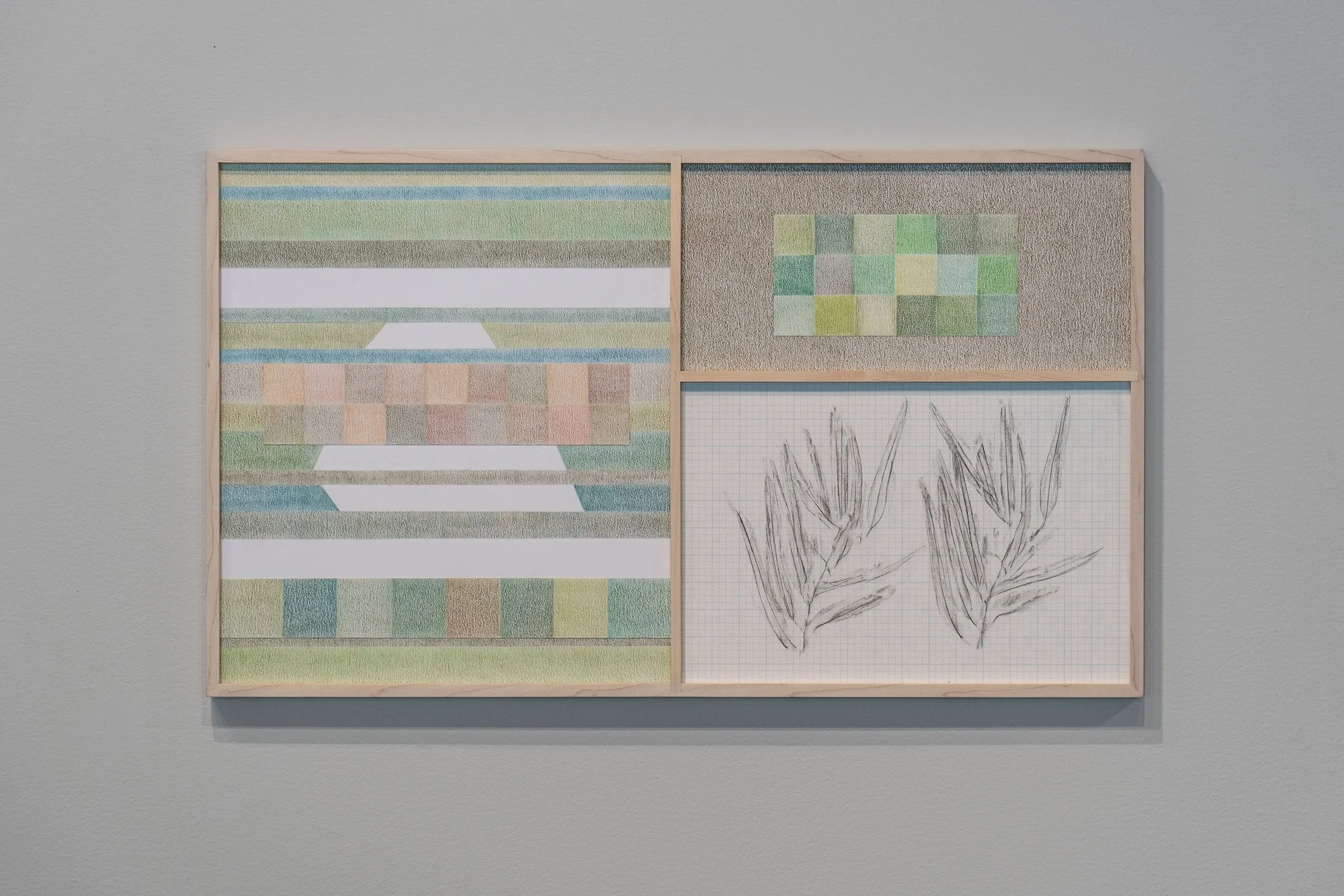 Counter-Landscape (Water, Land, Wall), 2022, colored pencil and collage on paper, archival pigment print on watercolor paper with custom-made bleached walnut wood frame, 20 x 35 inches 
