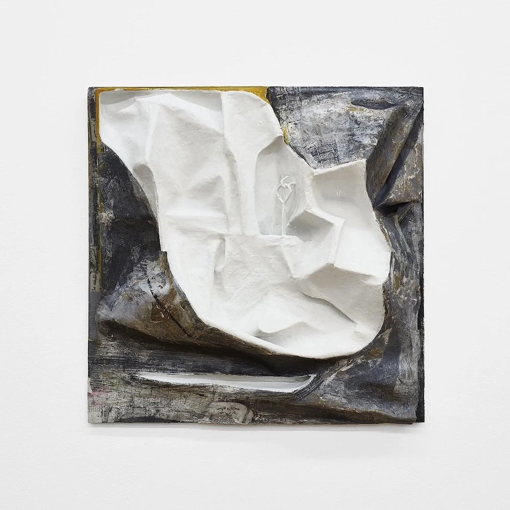 Mending Wall, 2017, papier-mâché, plaster, hooks, collage and paint, 22 1/2 x 22 1/2 x 4 inches