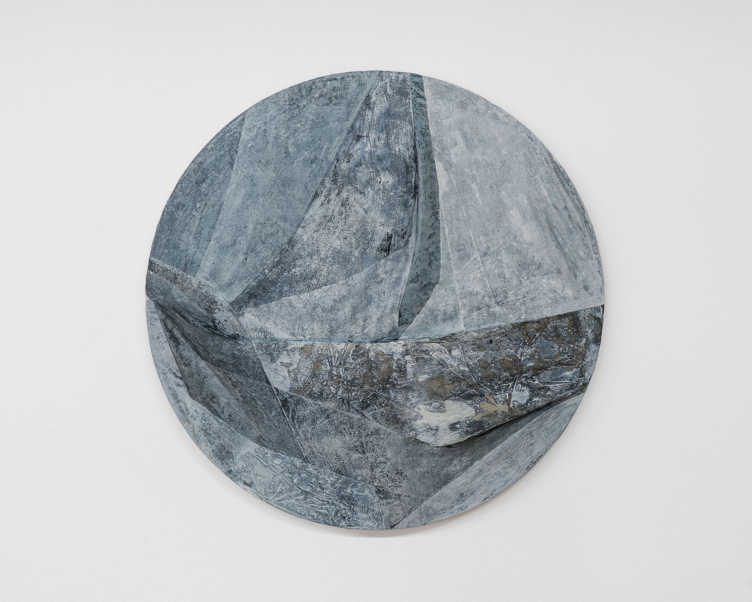 No Horizon (#4), 2024, Ink, acrylic, graphite, colored pencil, and papier-mâché on panel, 23 inches diameter
