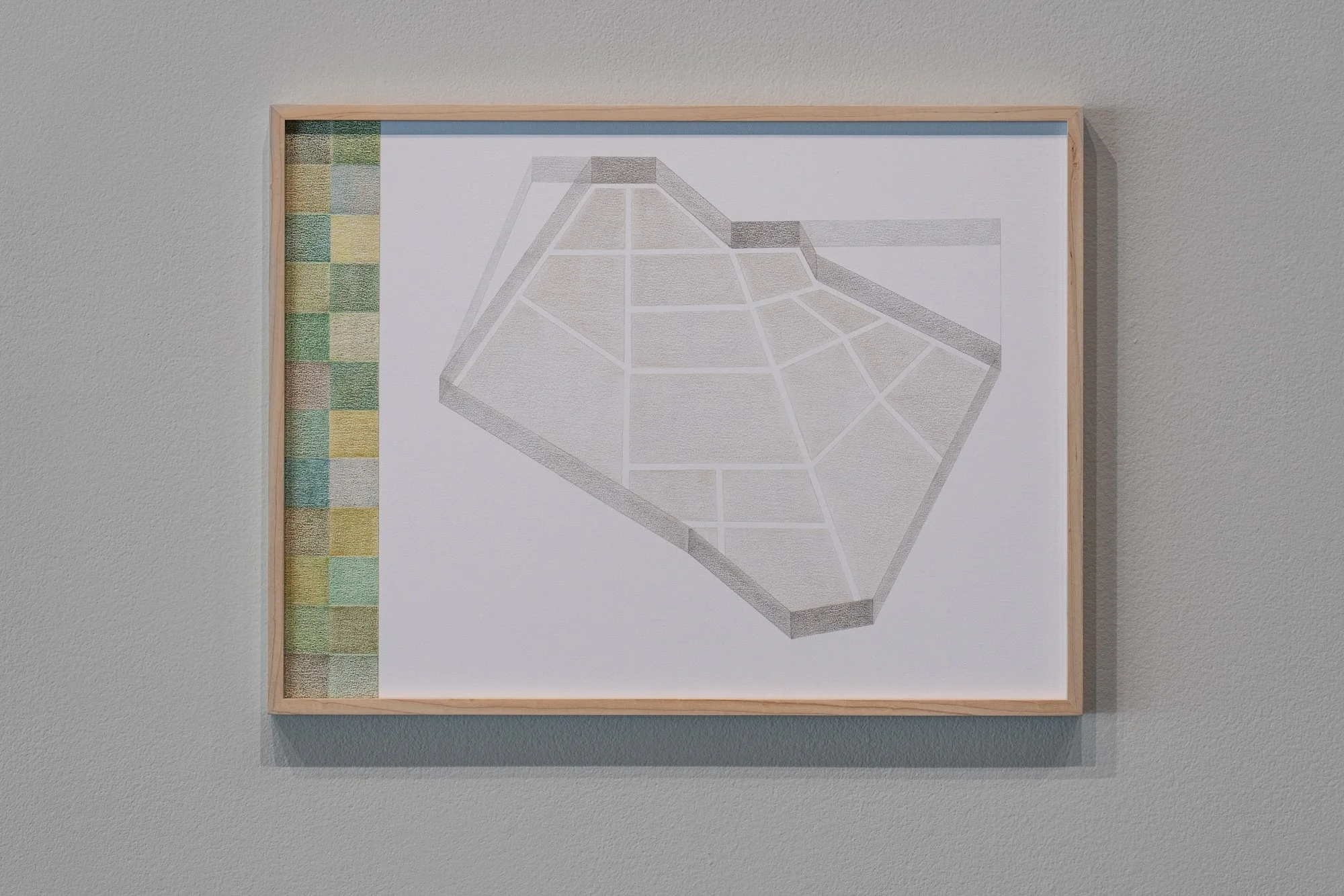 Counter-Landscape (Encloser), 2022, colored pencil and collage on paper with custom-made bleached walnut wood frame, 20x25 inches
