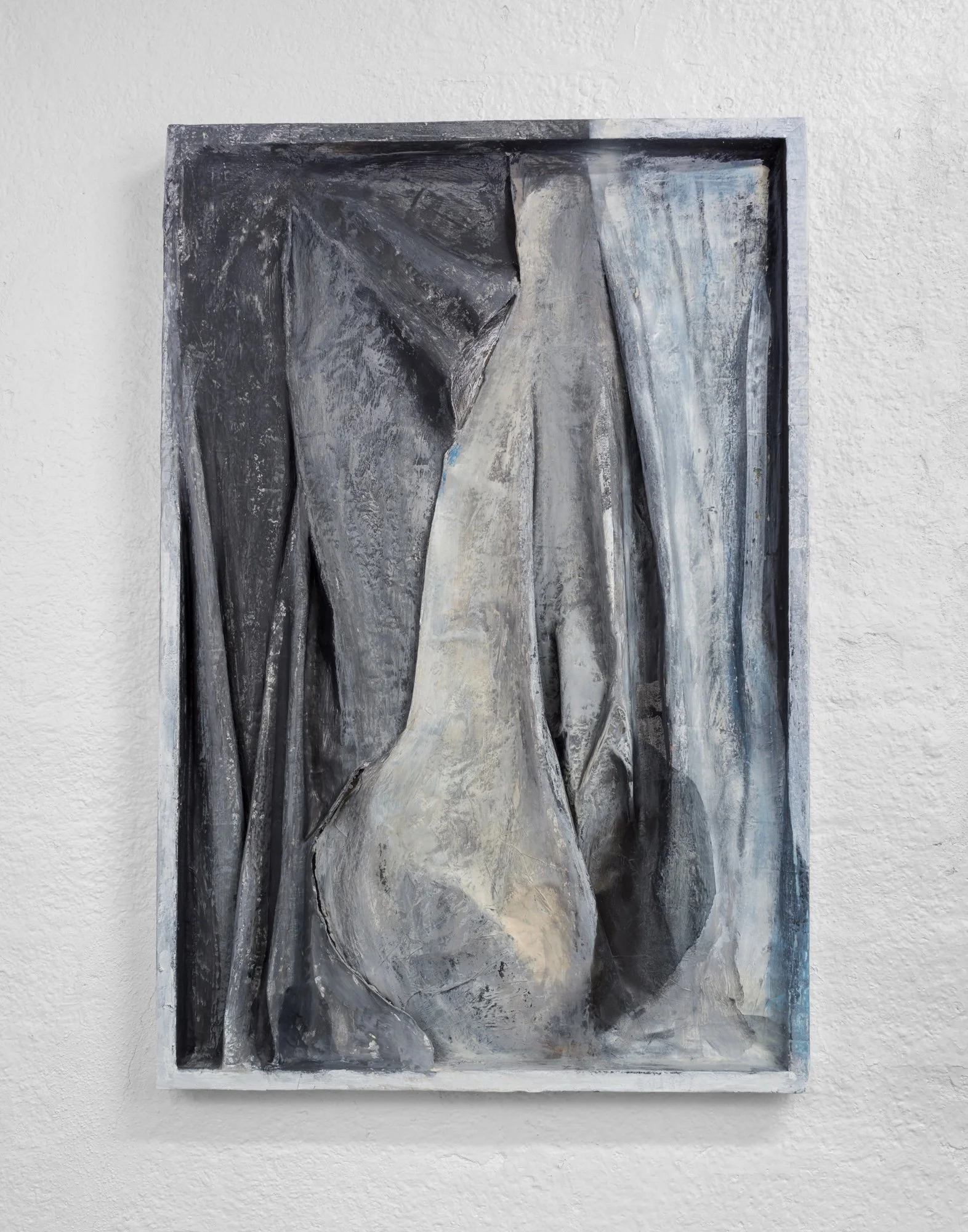 Thrown, 2019, papier-mâché, acrylic, spray paint, and ink on panel, 36 x 3.5 x 24 inches
