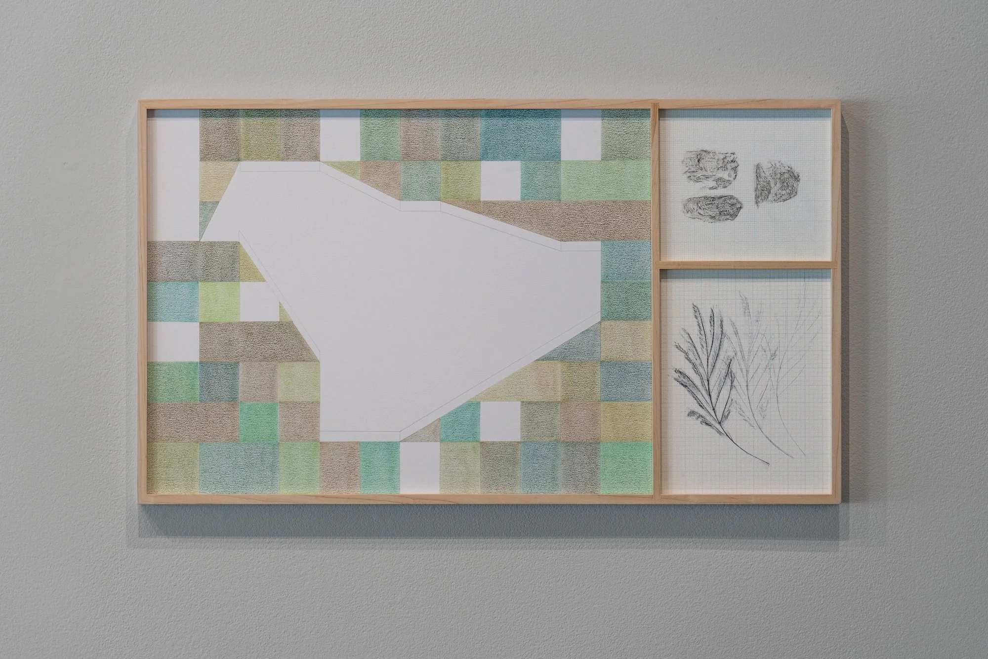 Counter-Landscape (House/Garden/Nation), 2022, colored pencil on paper, archival pigment print on watercolor paper with custom-made bleached walnut wood frame, 20 x 35 inches
