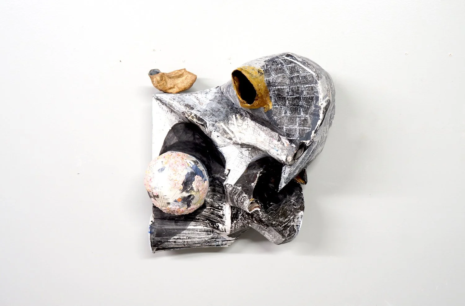 Solar Universe, 2017, papier-mâché, found objects, ceramic, panel, and paint, 18 x 16 x 8.5 inches