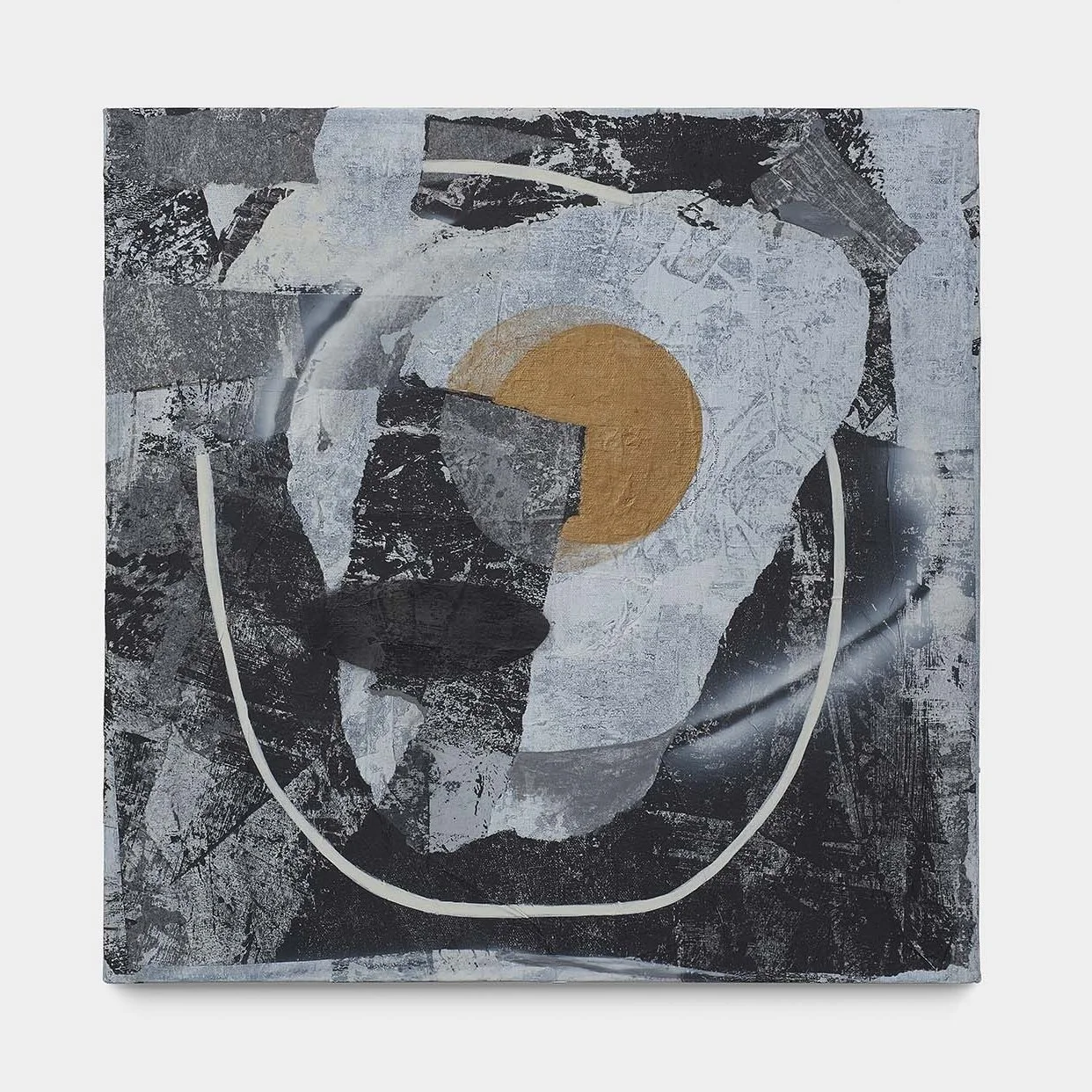 Subtle Time (Zaman-e Latif), 2018, acrylic, ink, spray paint, flashe paint, and collage on canvas, 18 x 18 inches