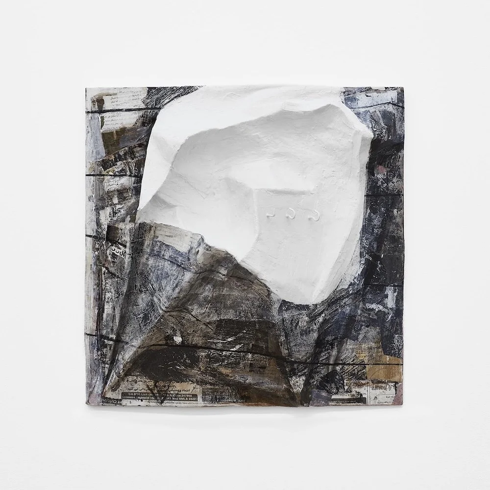 Opened Facade, 2017, papier-mâché, plaster, hooks, collage and paint, 22 1/2 x 22 1/2 x 6 1/2 inches