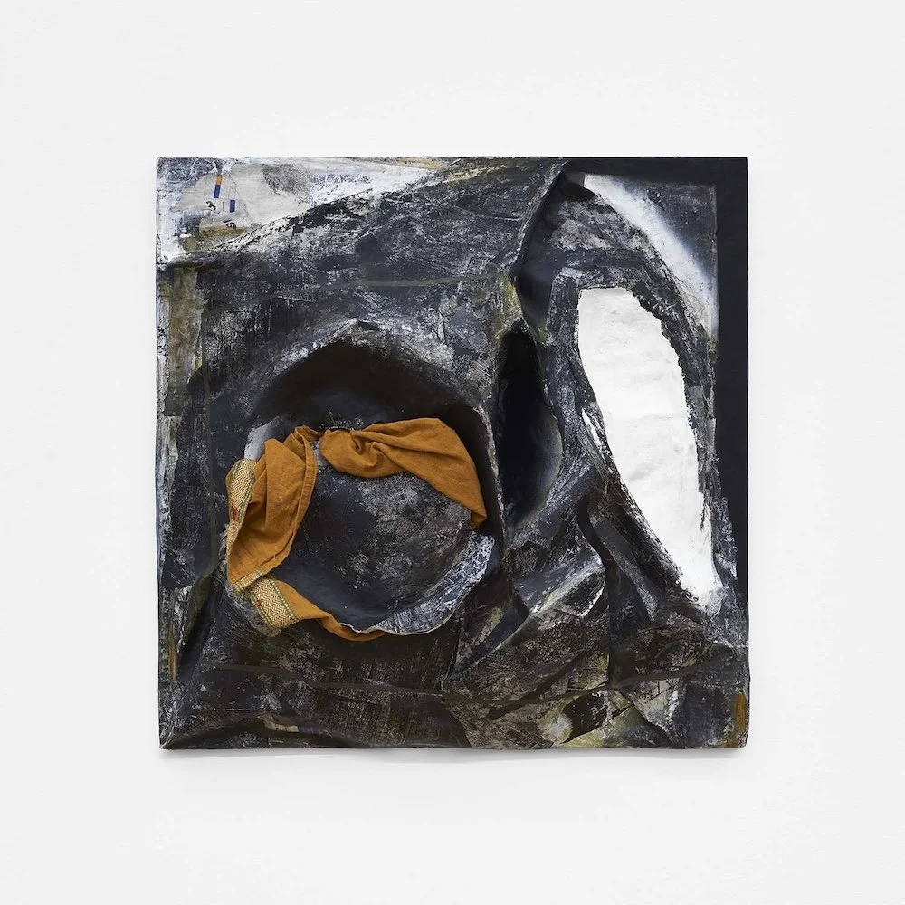 Vanished Like Smoke, 2017, papier-mâché, plaster, fabric, collage and paint, 22 1/2 x 22 1/2 x 4 1/2 inches