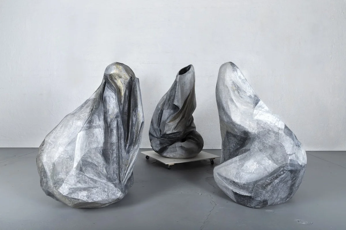 Folded Figurines, 2020, papier-mâché, graphite, acrylic paint, and colored pencil
