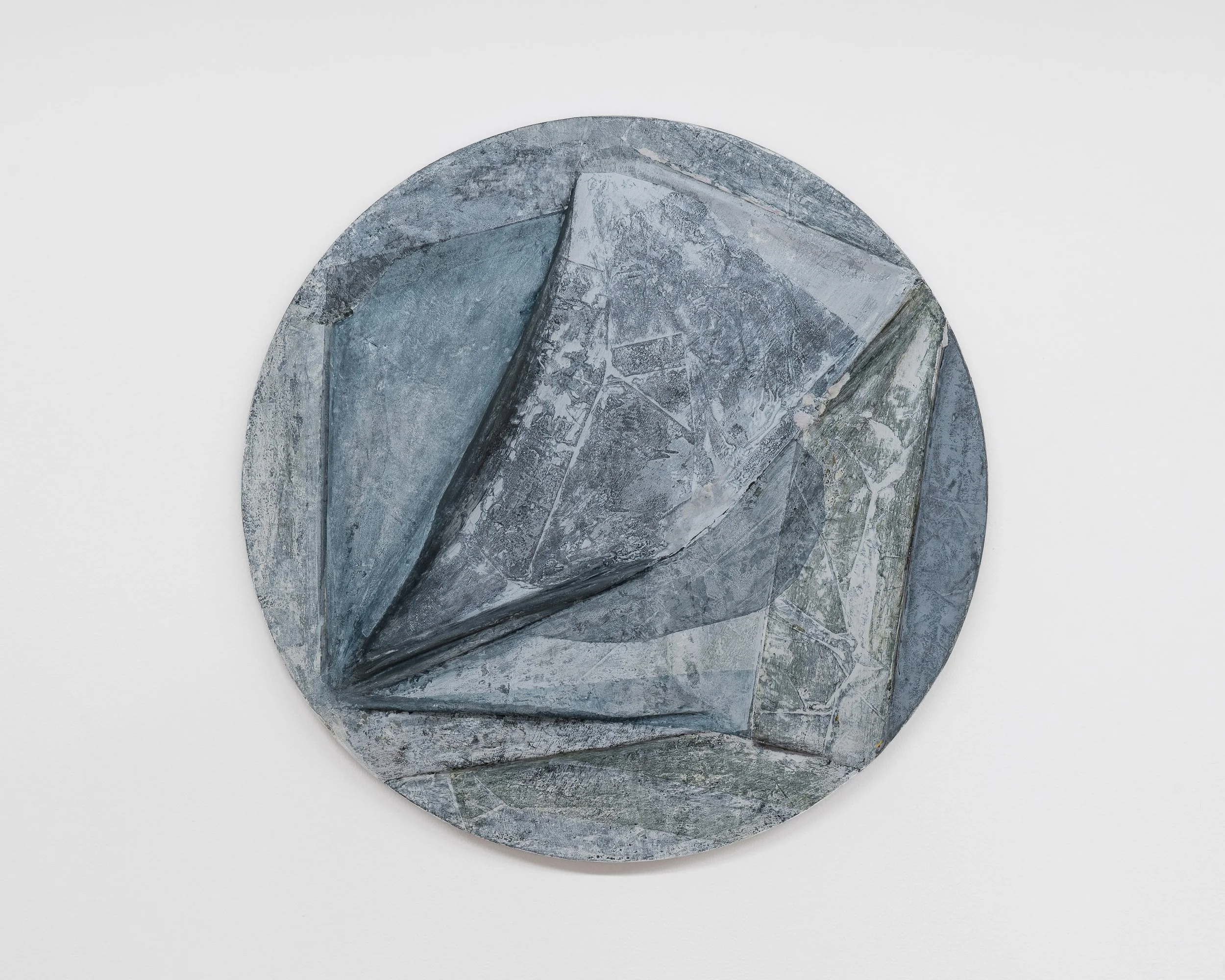 No Horizon (#2), 2024, ink, acrylic, graphite, colored pencil, and papier-mâché on panel, 23 inches diameter