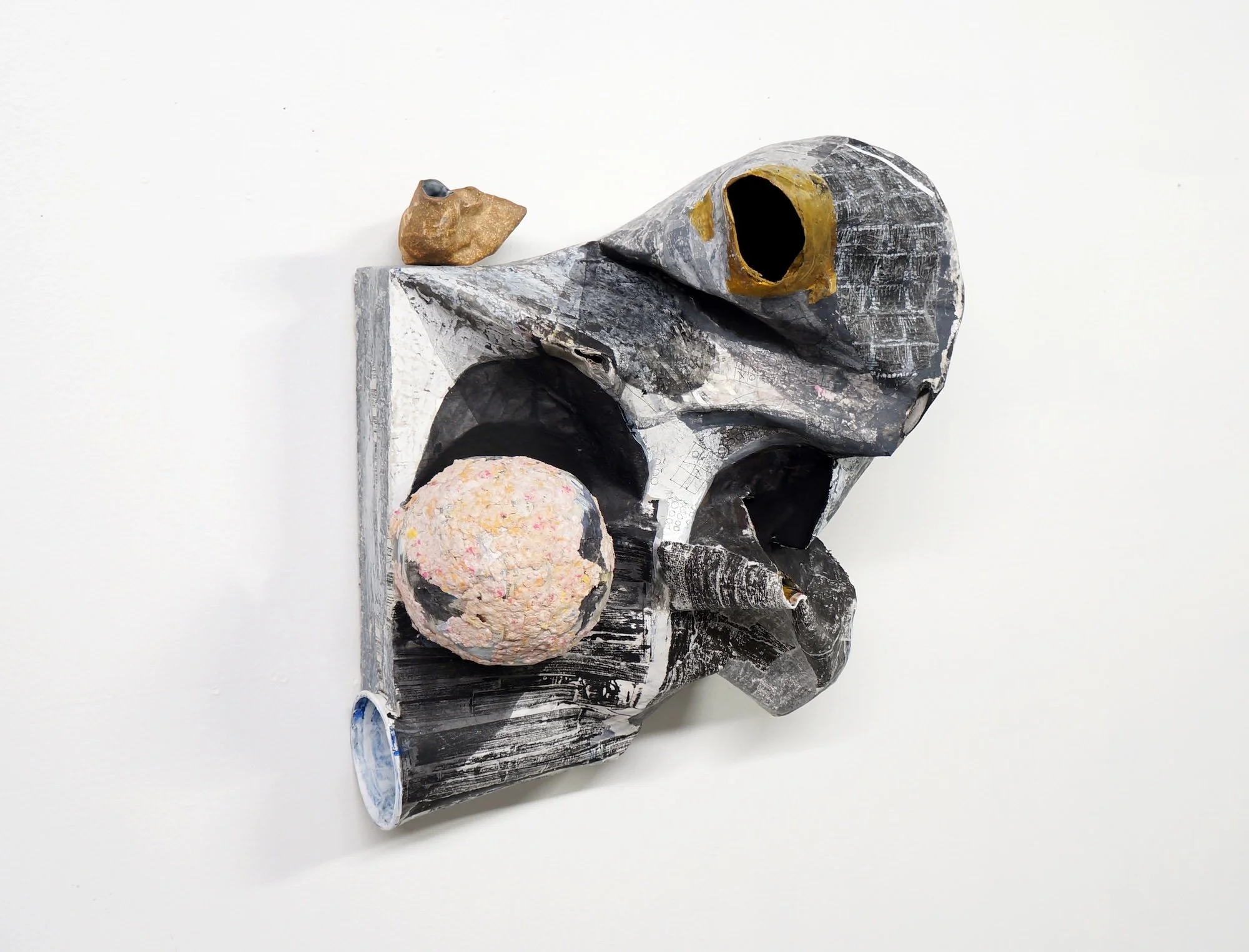 Solar Universe, 2017, papier-mâché, found objects, ceramic, panel, and paint, 18 x 16 x 8.5 inches