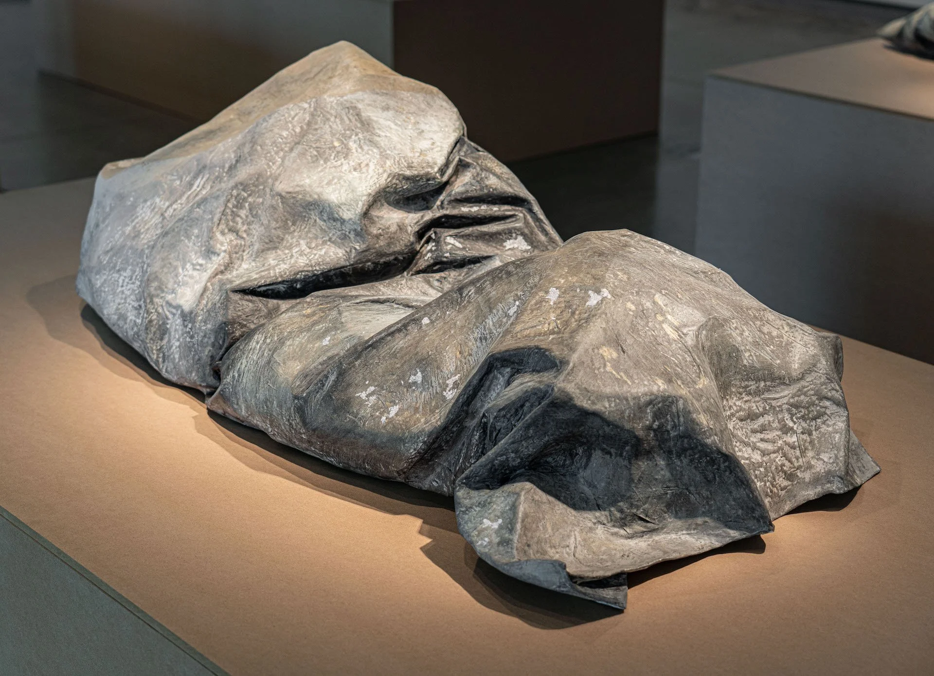 Traces, 2021, papier-mâché, gesso, ink, colored pencil, graphite, and acrylic paint, 18 x 27 x 57 inches