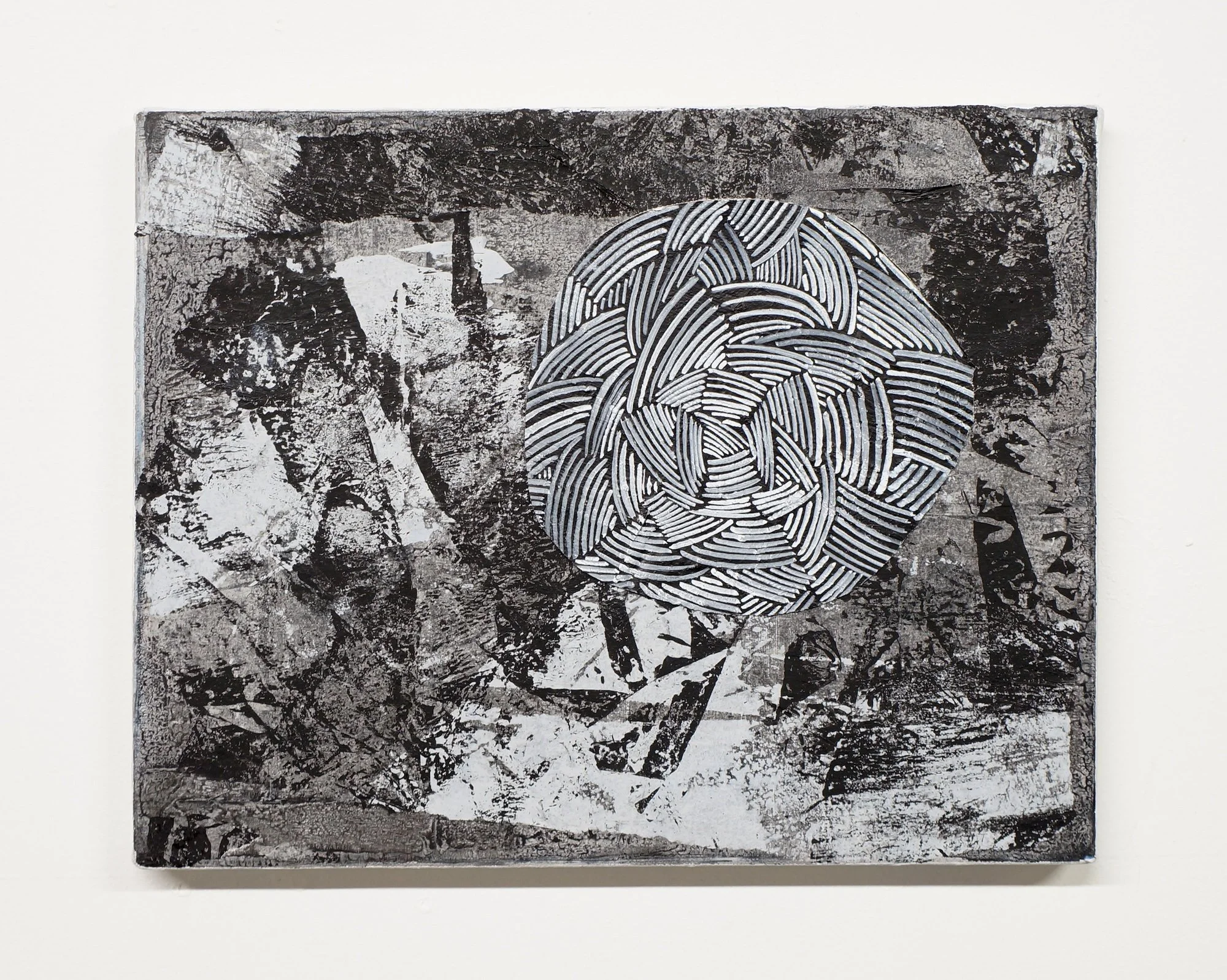 Untitled, 2017, ink, gouache, and collage on canvas, 12 x 16 inches