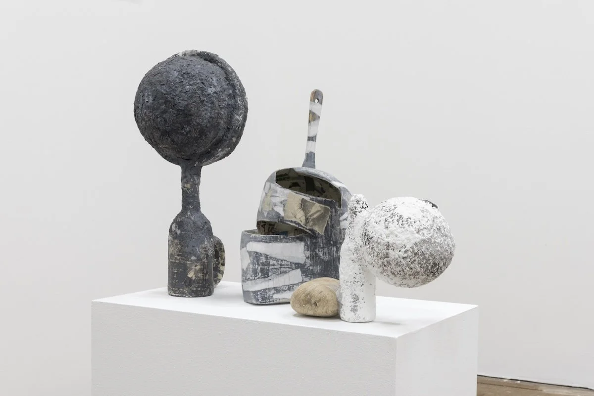 Untitled Vessels, 2017, papier-mâché, rock, plaster, and found objects