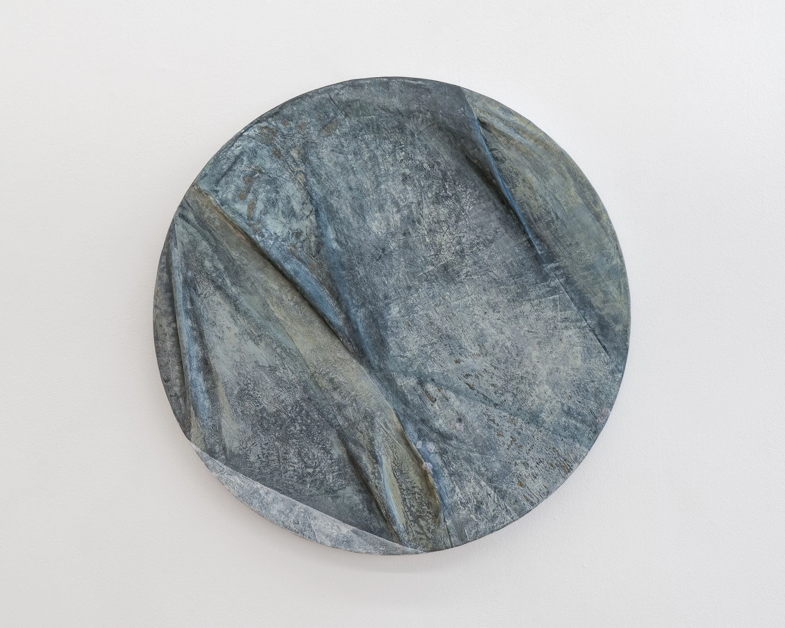 No Horizon (#3), 2024, ink, acrylic, graphite, colored pencil, and papier-mâché on panel, 23 inches diameter