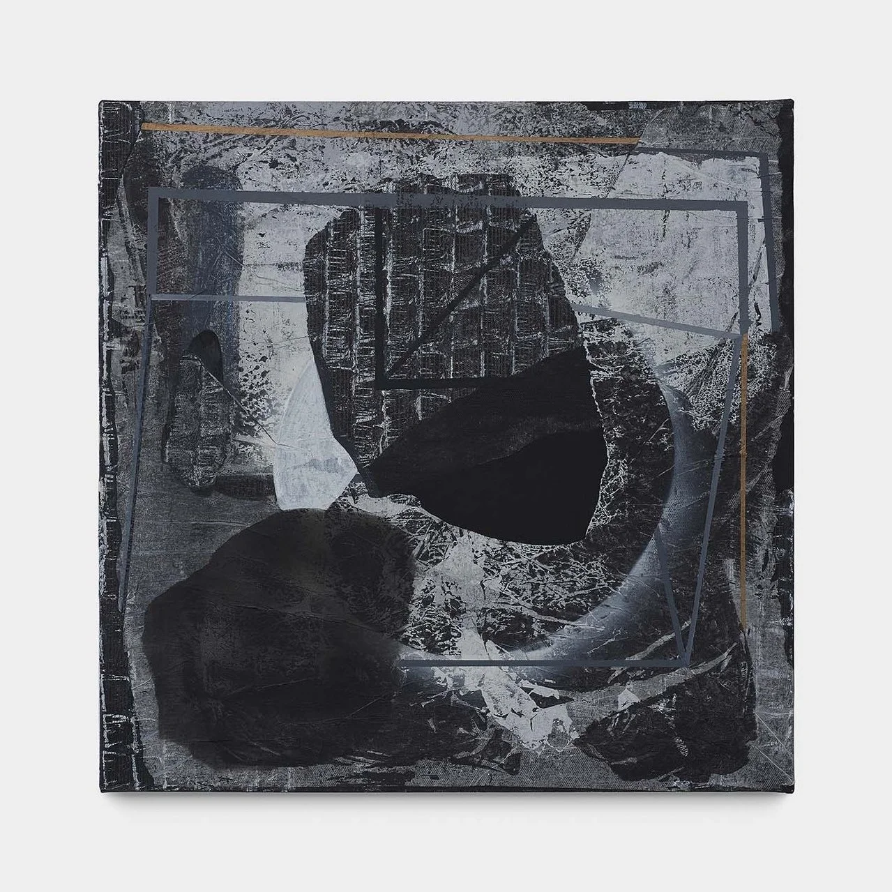 Inverted, 2018, acrylic, ink, spray paint, flashe paint, and collage on canvas, 18 x 18 inches