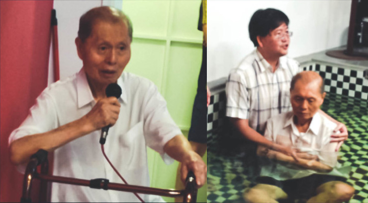 Ah Choo sharing his testimony (L), and being baptised (R) 