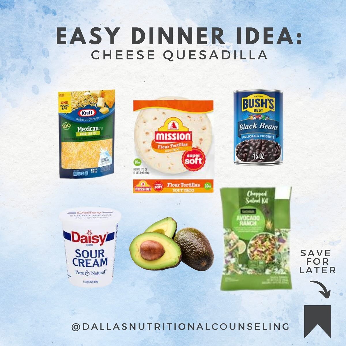 EASY DINNER ALERT 

Hit save to come back to this later. 

This is one of our go-to quick dinners that you can customize depending on your mood and preferences. 

✨Cheese Quesdilla✨

Ingredients:
- 1 package of tortillas
- Shredded cheese
- Black bea