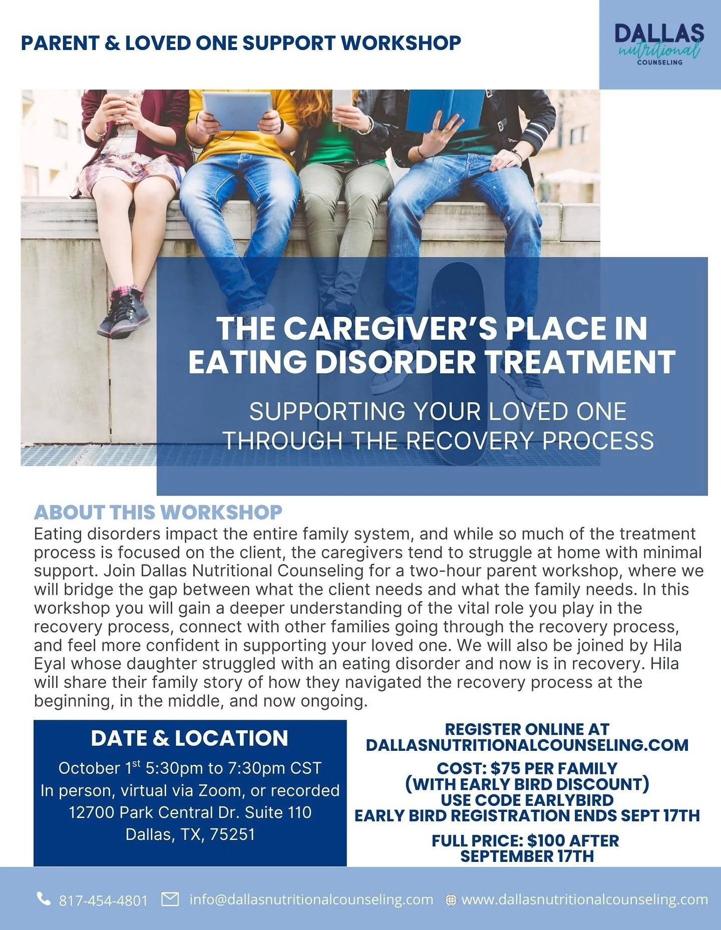 So excited to announce our next workshop, The Caregiver&rsquo;s Place in Eating Disorder Treatment: Supporting Your Loved One Through The Recovery Process.

Eating disorders impact the entire family system, and while so much of the treatment process 