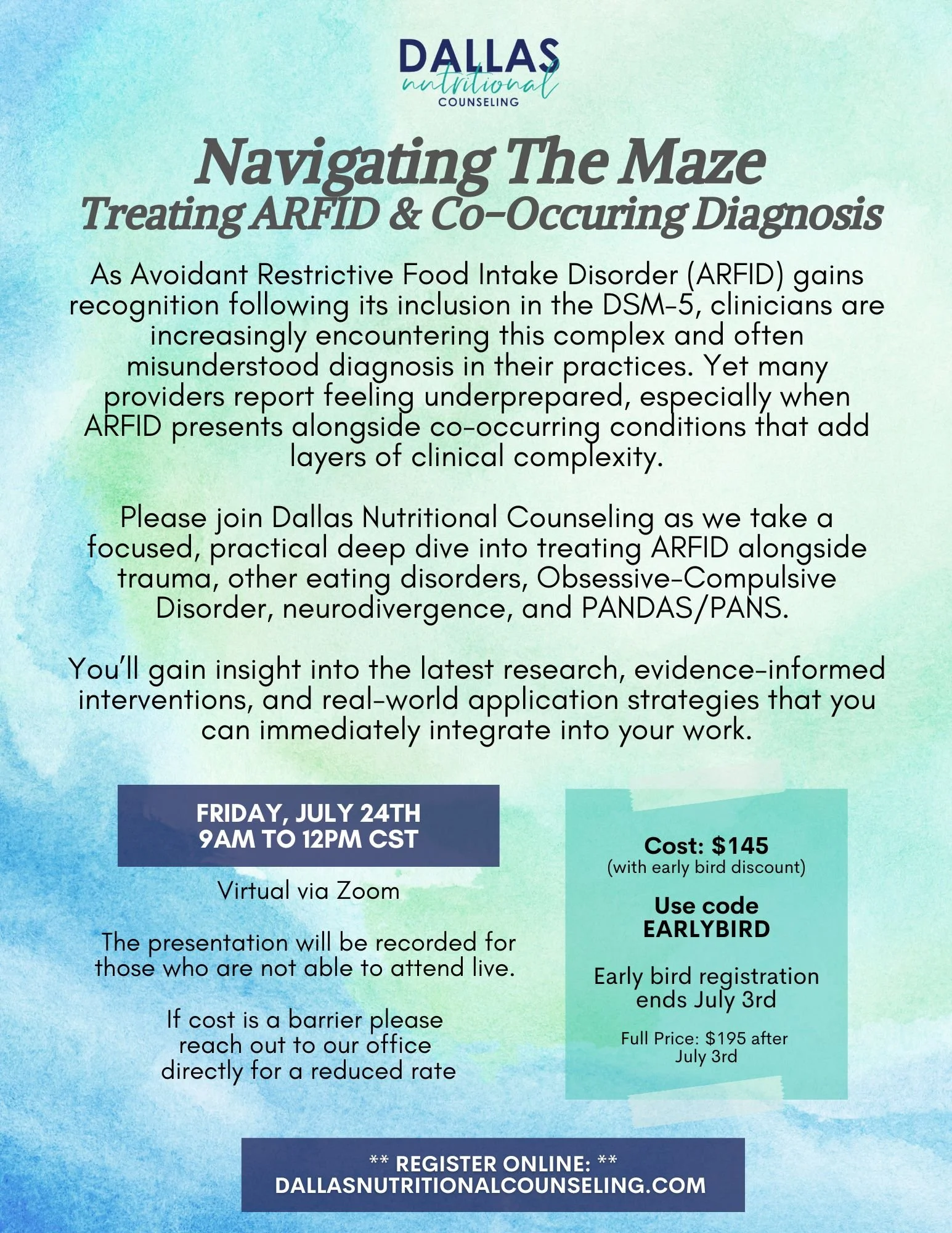 Professional Workshop! Navigating the Maze: Treating ARFID and Co-Occurring Diagnoses