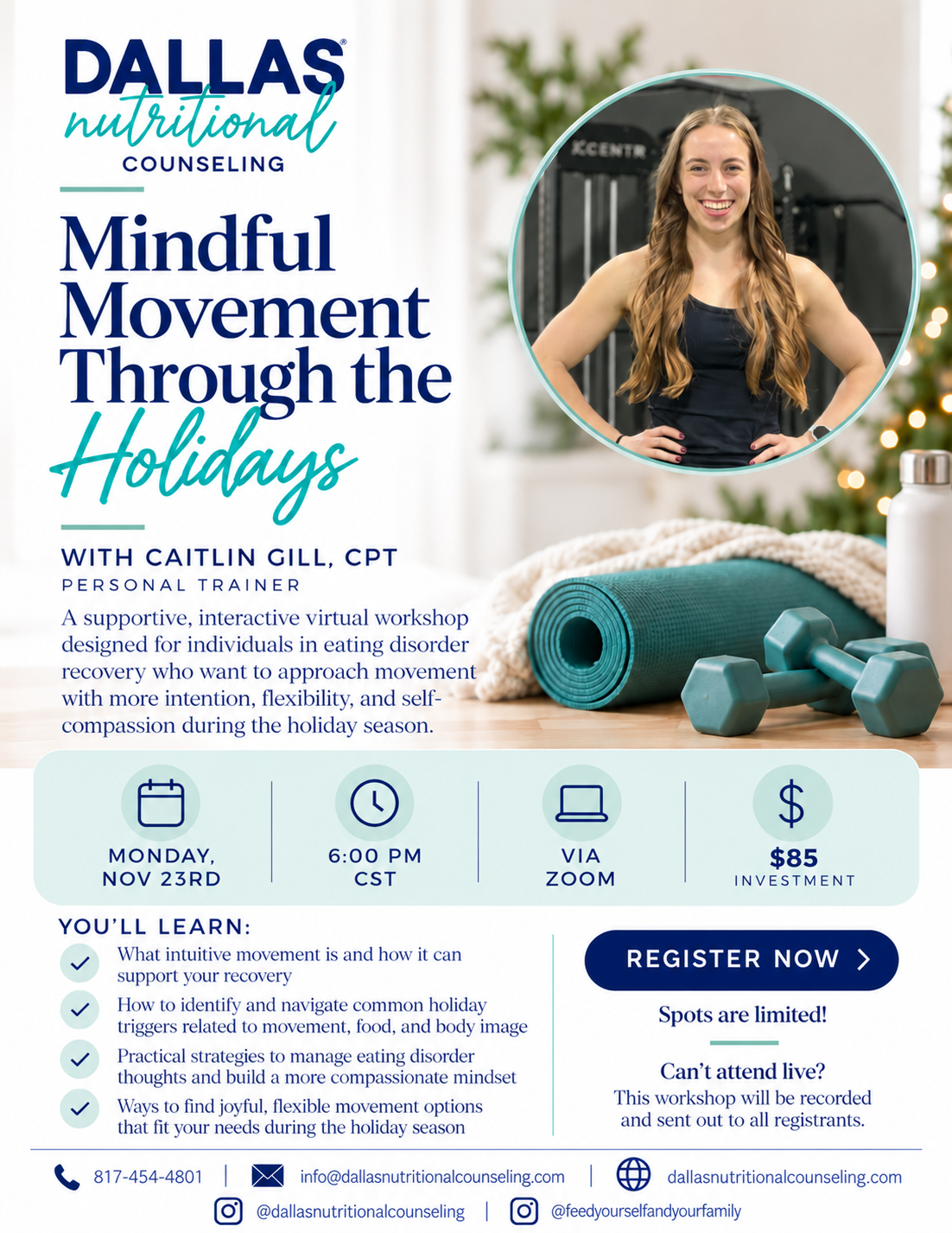 Mindful Movement Through the Holidays: A Virtual Workshop with Caitlin Gill, CPT