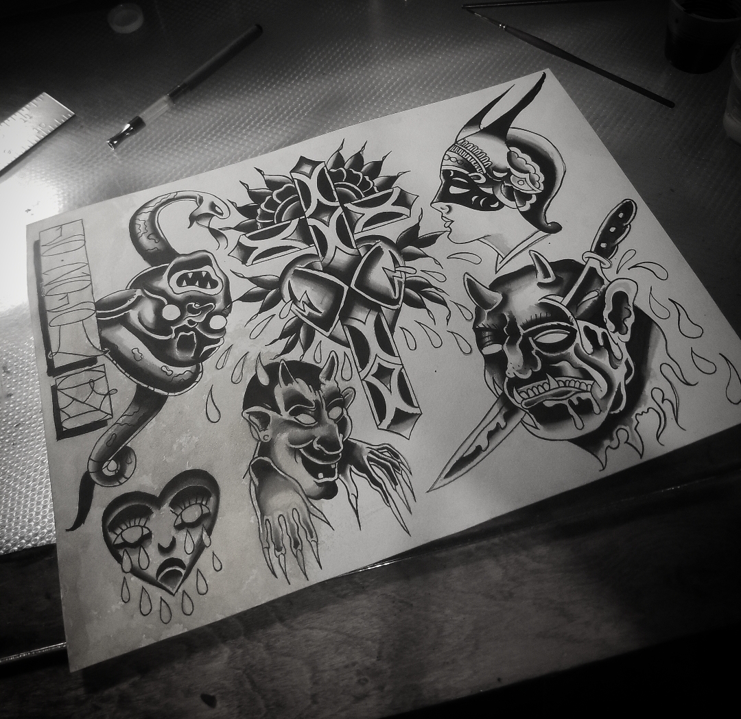 inked with a nib and black spot shading done. I used Higgins black magic ink. 