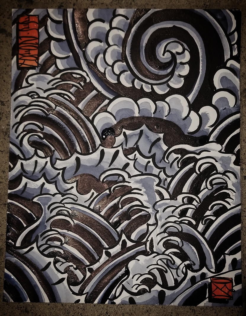 Still wet in the photo. Fast and loose traditional Japanese background painting study. Painted using Speedball ink, and Victory Whale Black tattoo ink on Watercolor paper. Thank you to John Reardon of Greenpoint Tattoo for imparting the knowledge and tips on how to construct this properly.