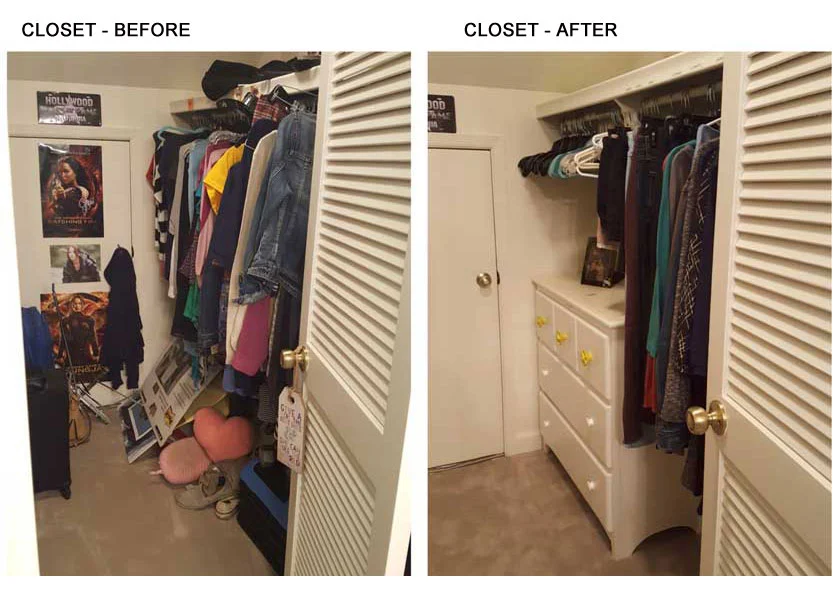 Bedroom closet before and after organization