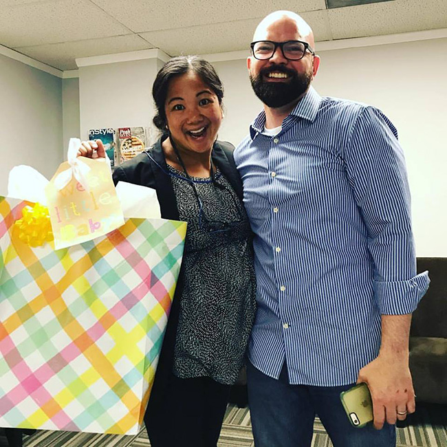Dr. Claustro with patient Shawn G. who proved that thoughtful surprises and happy smiles also help a pregnancy go by smoother!