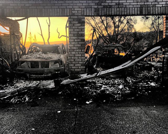 Really difficult to see the destruction of the Santa Rosa fires first hand. Two cars remain in what was a garage...hope they got out with neighbors. #santarosafire #fountaingrove