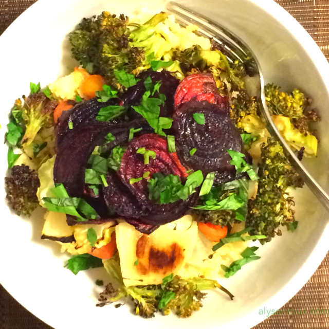 Roasted beets, broccoli, carrots, onions and garlic over millet with fresh basil and parsley.