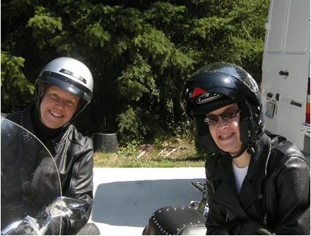Susie on the left, me on the right: visions of lovliness in helmet hair