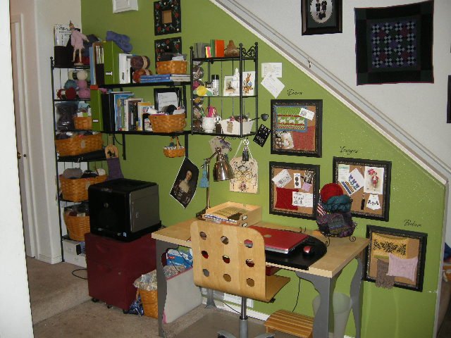 My desk, surrounded by tack boards and baskets of, what else? YARN! Notice how the simple act of painting the wall behind my desk delineates the space and makes it special?