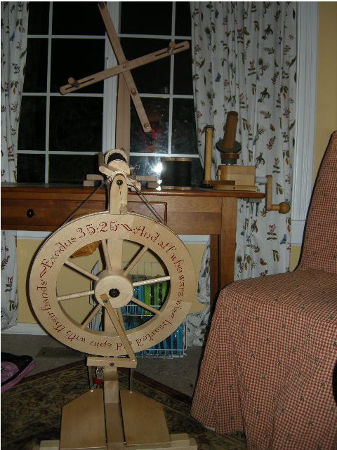 My Lendrum DT wheel, personalized with a favorite verse. The chair is borrowed from the dining room. Really uncomfortable, and slated for replacement. Everything is a work in progress.